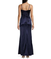 Honey and Rosie Spaghetti-Strap Square-Neck Faux-Wrap Slit Hem Stretch Satin Long Dress