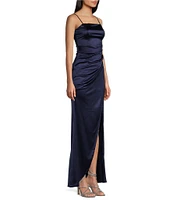 Honey and Rosie Spaghetti-Strap Square-Neck Faux-Wrap Slit Hem Stretch Satin Long Dress