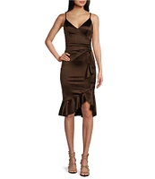 Honey and Rosie Spaghetti Strap V-Neck Faux Wrap Ruffle Hem Satin Midi Dress