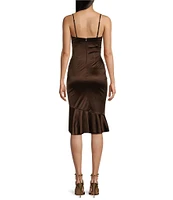 Honey and Rosie Spaghetti Strap V-Neck Faux Wrap Ruffle Hem Satin Midi Dress