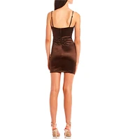 Honey and Rosie Spaghetti Strap V-Neck Ruched Satin Bodycon Dress