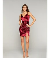 Honey and Rosie Spaghetti Strap V-Neck Ruched Satin Bodycon Dress