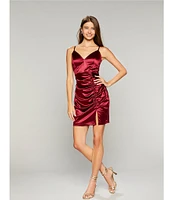 Honey and Rosie Spaghetti Strap V-Neck Ruched Satin Bodycon Dress