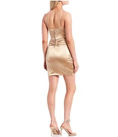 Honey and Rosie Spaghetti Strap V-Neck Ruched Satin Bodycon Dress