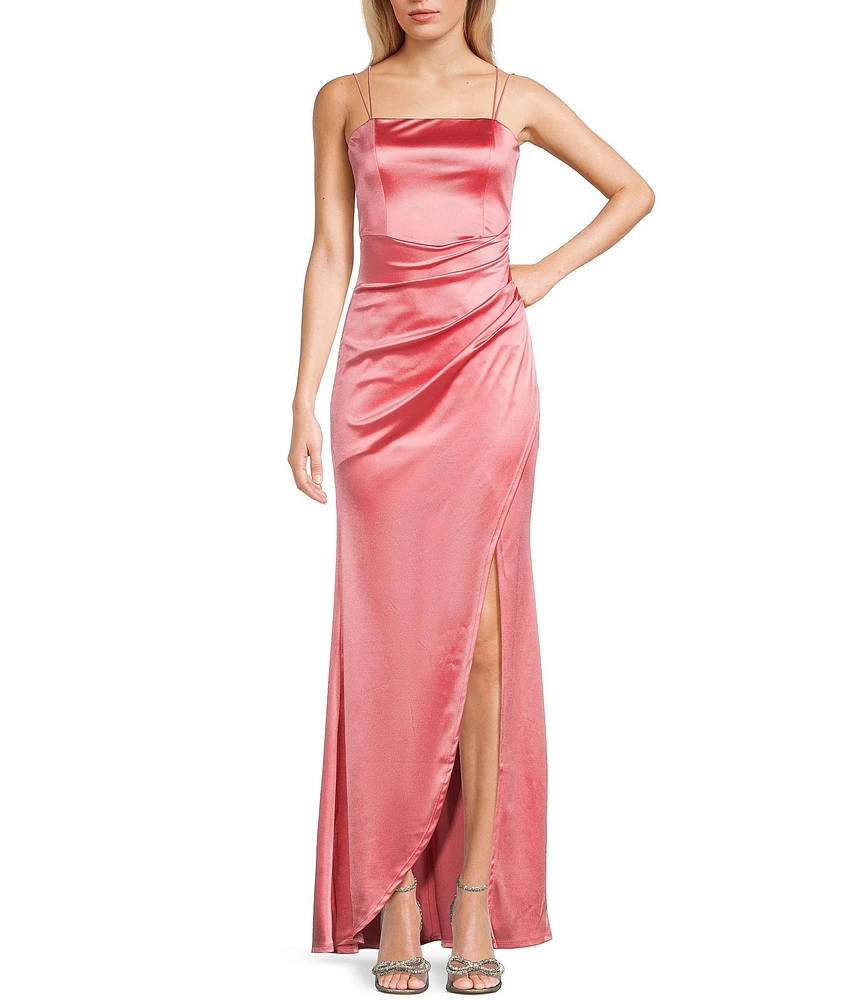 Honey and Rosie Double Strap Wrap Waist Side Slit Long Satin Gown