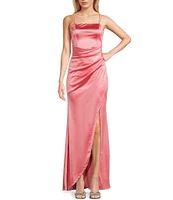 Honey and Rosie Double Strap Wrap Waist Side Slit Long Satin Gown