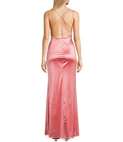 Honey and Rosie Double Strap Wrap Waist Side Slit Long Satin Gown