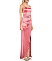 Honey and Rosie Double Strap Wrap Waist Side Slit Long Satin Gown