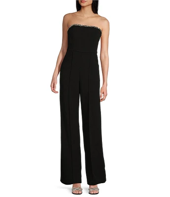 Honey and Rosie Strapless Elegant Rhinestone Edged Front Neckline Jumpsuit