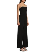 Honey and Rosie Strapless Elegant Rhinestone Edged Front Neckline Jumpsuit