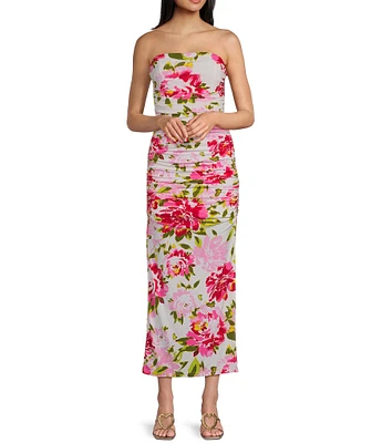Honey and Rosie Strapless Floral Print Shirred Midi Dress