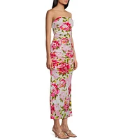 Honey and Rosie Strapless Floral Print Shirred Midi Dress