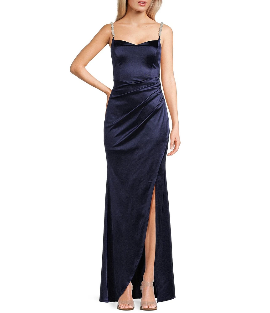Honey and Rosie Sweetheart Neck Pearl Trim Spaghetti Strap Lace Back Bodice Pleated Envelope Front Gown