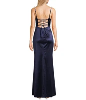 Honey and Rosie Sweetheart Neck Pearl Trim Spaghetti Strap Lace Back Bodice Pleated Envelope Front Gown
