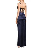 Honey and Rosie Sweetheart Neck Pearl Trim Spaghetti Strap Lace Back Bodice Pleated Envelope Front Gown