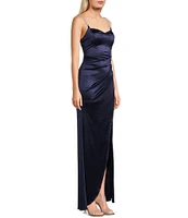 Honey and Rosie Sweetheart Neck Pearl Trim Spaghetti Strap Lace Back Bodice Pleated Envelope Front Gown