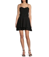 Honey and Rosie Sweetheart Neck Spaghetti Strap Belted Fit And Flare Double Layered Dress