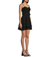Honey and Rosie Sweetheart Neck Spaghetti Strap Belted Fit And Flare Double Layered Dress