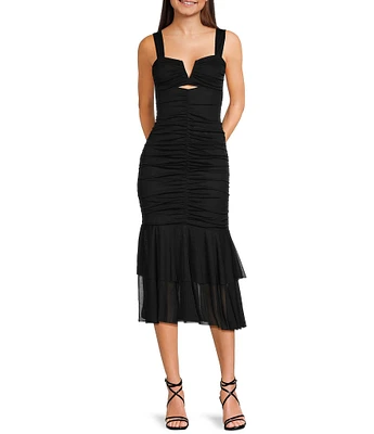 Honey and Rosie Tank Strap V-Neckline Fitted Midi Shirred Dress