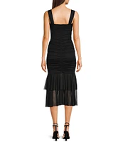 Honey and Rosie Tank Strap V-Neckline Fitted Midi Shirred Dress