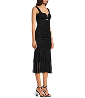 Honey and Rosie Tank Strap V-Neckline Fitted Midi Shirred Dress