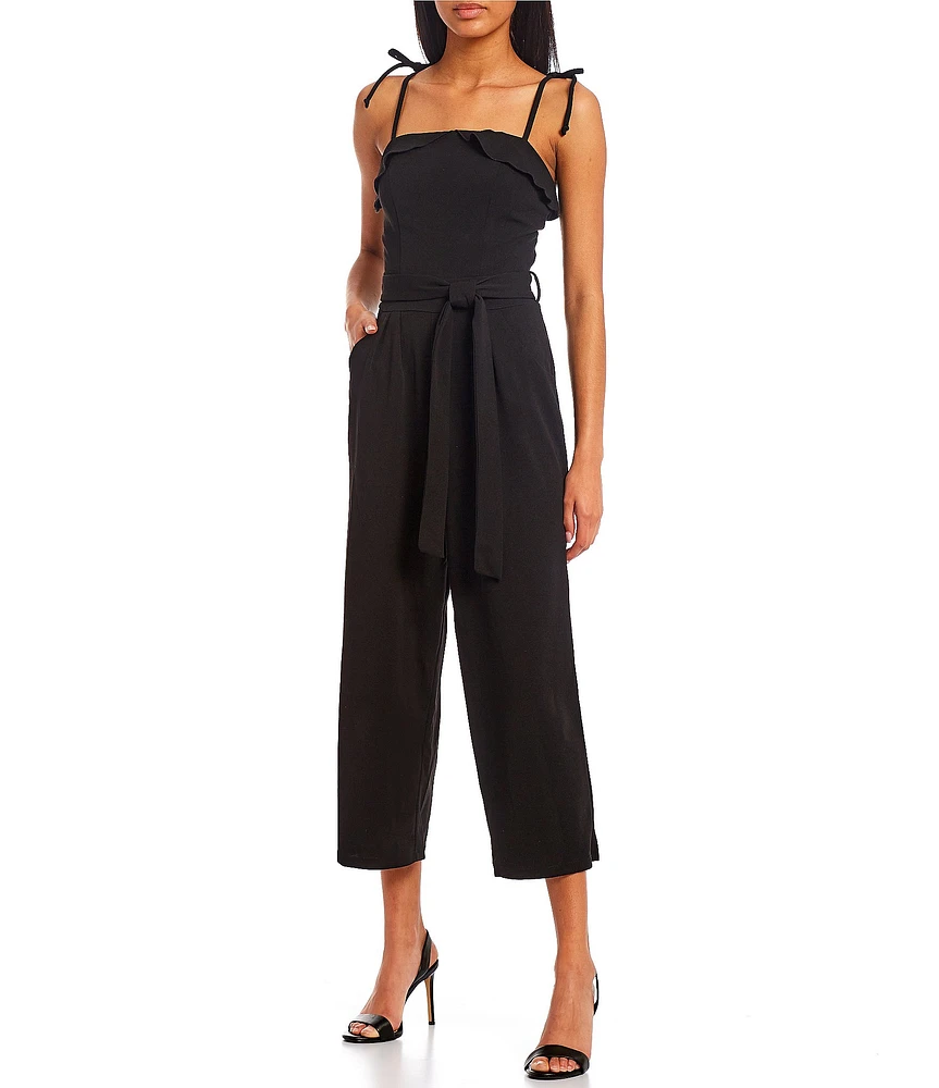 Honey and Rosie Tie Spaghetti Strap Tie Waist Wide Leg Crop Jumpsuit