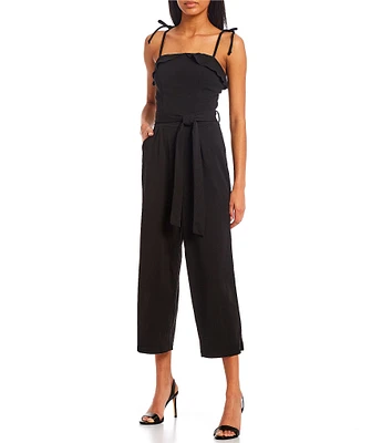 Honey and Rosie Tie Spaghetti Strap Tie Waist Wide Leg Crop Jumpsuit