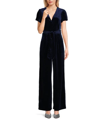 Honey and Rosie V-Neck Wrap Waist Tie Wide Leg Velvet Jumpsuit