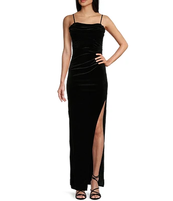 Honey and Rosie Velvet Cowl Neck Corset Side Slit Long Dress