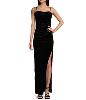 Honey and Rosie Velvet Cowl Neck Corset Side Slit Long Dress