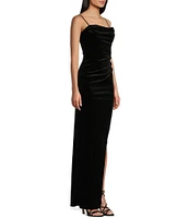 Honey and Rosie Velvet Cowl Neck Corset Side Slit Long Dress