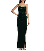 Honey and Rosie Velvet Cowl Neck Corset Side Slit Long Dress