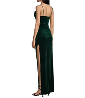 Honey and Rosie Velvet Cowl Neck Corset Side Slit Long Dress