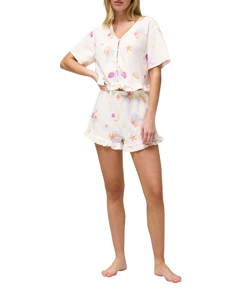 Honeydew Intimates Solstice Beach Print Woven Short Sleeve V-Neck Ruffled Shorty Pajama Set