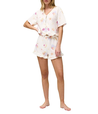 Honeydew Intimates Solstice Beach Print Woven Short Sleeve V-Neck Ruffled Shorty Pajama Set