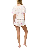 Honeydew Intimates Solstice Beach Print Woven Short Sleeve V-Neck Ruffled Shorty Pajama Set