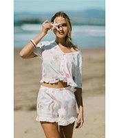 Honeydew Intimates Solstice Beach Print Woven Short Sleeve V-Neck Ruffled Shorty Pajama Set