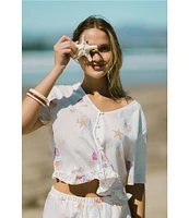 Honeydew Intimates Solstice Beach Print Woven Short Sleeve V-Neck Ruffled Shorty Pajama Set