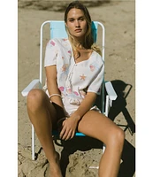 Honeydew Intimates Solstice Beach Print Woven Short Sleeve V-Neck Ruffled Shorty Pajama Set