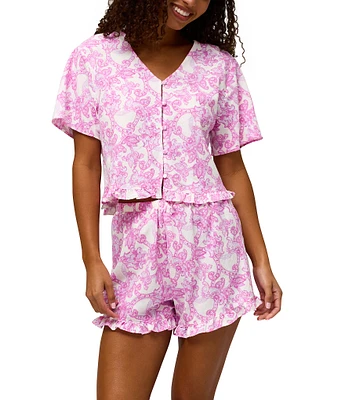 Honeydew Intimates Solstice Paisley Print Woven Short Sleeve V-Neck Ruffled Shorty Pajama Set