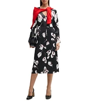 Hugo Boss Diesha Woven Satin Floral Tulip Print V-Neck Long Sleeve Midi Dress