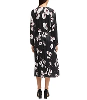 Hugo Boss Diesha Woven Satin Floral Tulip Print V-Neck Long Sleeve Midi Dress