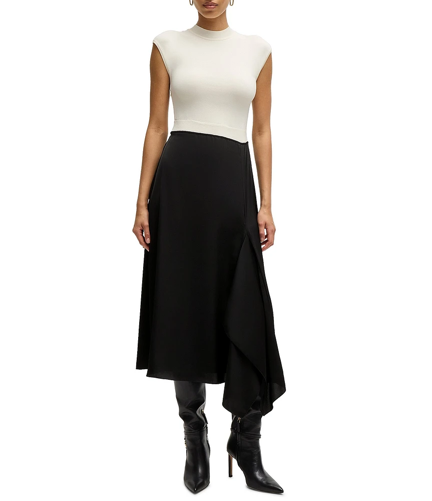 Hugo Boss Ferdola Mixed Media Monochrome Mock Neck Cap Sleeve Dress