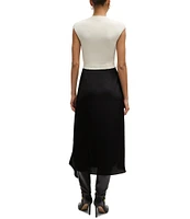 Hugo Boss Ferdola Mixed Media Monochrome Mock Neck Cap Sleeve Dress