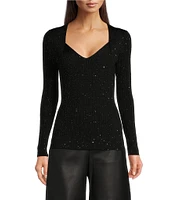 Hugo Boss Ferim Ribbed Wool Blend Sequin V-Neck Long Sleeve Top