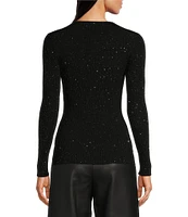 Hugo Boss Ferim Ribbed Wool Blend Sequin V-Neck Long Sleeve Top