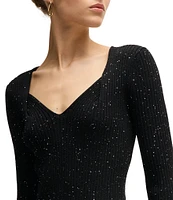 Hugo Boss Ferima Sequin Ribbed Knit V-Neck Long Sleeve Dress