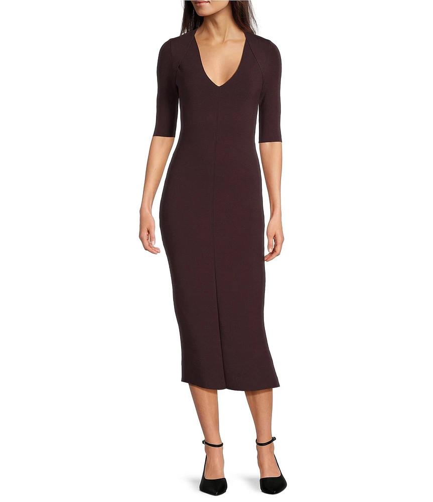 Hugo Boss Fezanin Solid Knit V-Neck Elbow Sleeve Bodycon Midi Dress