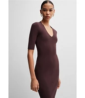 Hugo Boss Fezanin Solid Knit V-Neck Elbow Sleeve Bodycon Midi Dress