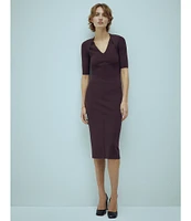 Hugo Boss Fezanin Solid Knit V-Neck Elbow Sleeve Bodycon Midi Dress